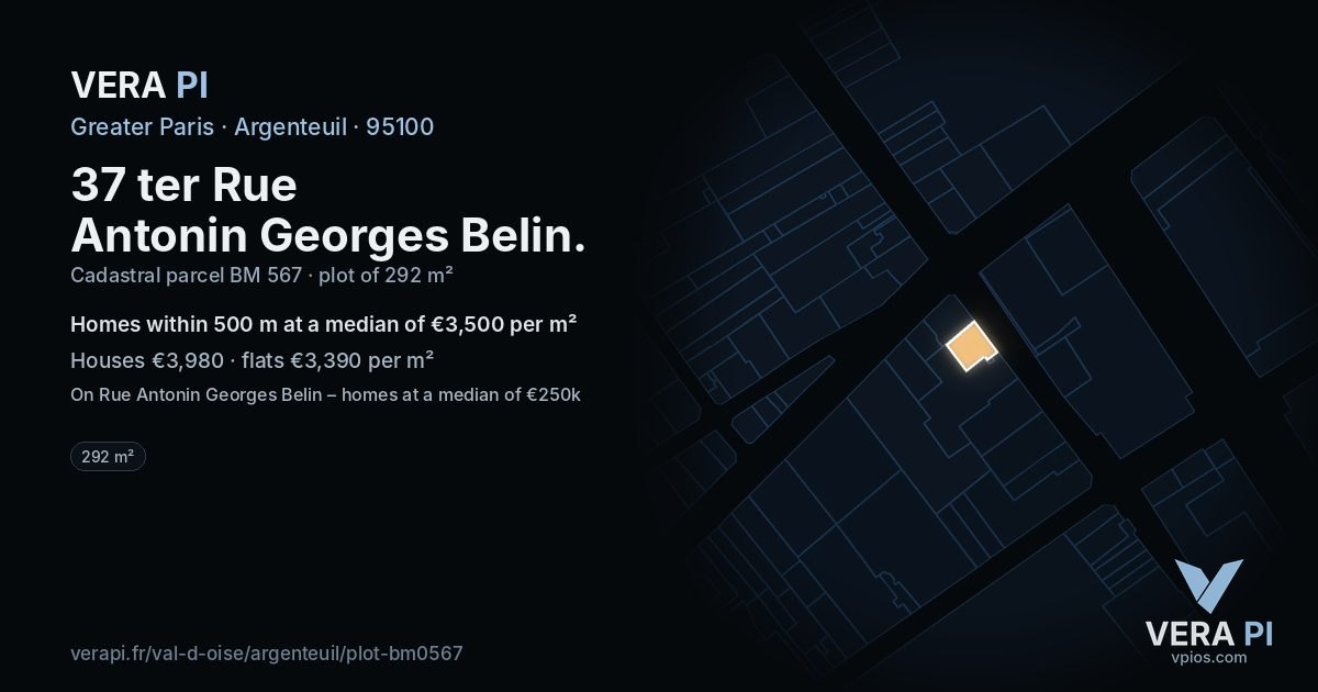 37 ter Rue Antonin Georges Belin, Argenteuil at night – the plot lit, the parcels around coloured by the prices near them