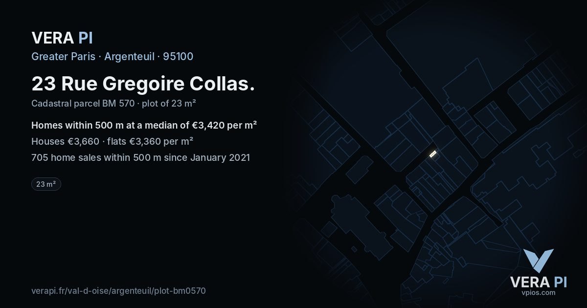 23 Rue Gregoire Collas, Argenteuil at night – the plot lit, the parcels around coloured by the prices near them