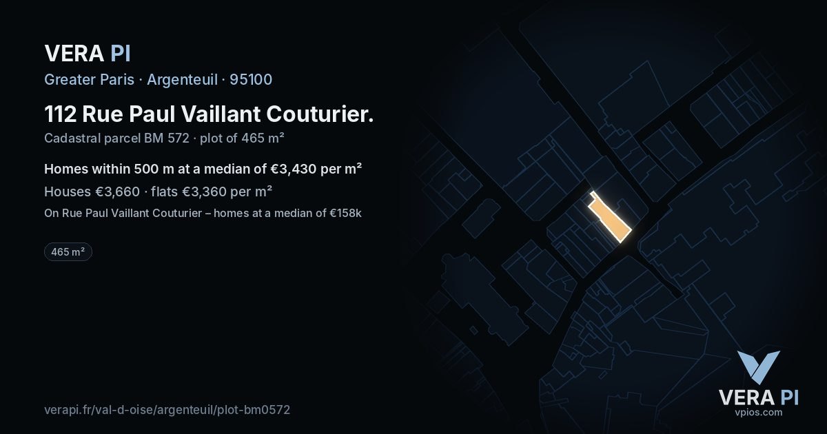 112 Rue Paul Vaillant Couturier, Argenteuil at night – the plot lit, the parcels around coloured by the prices near them