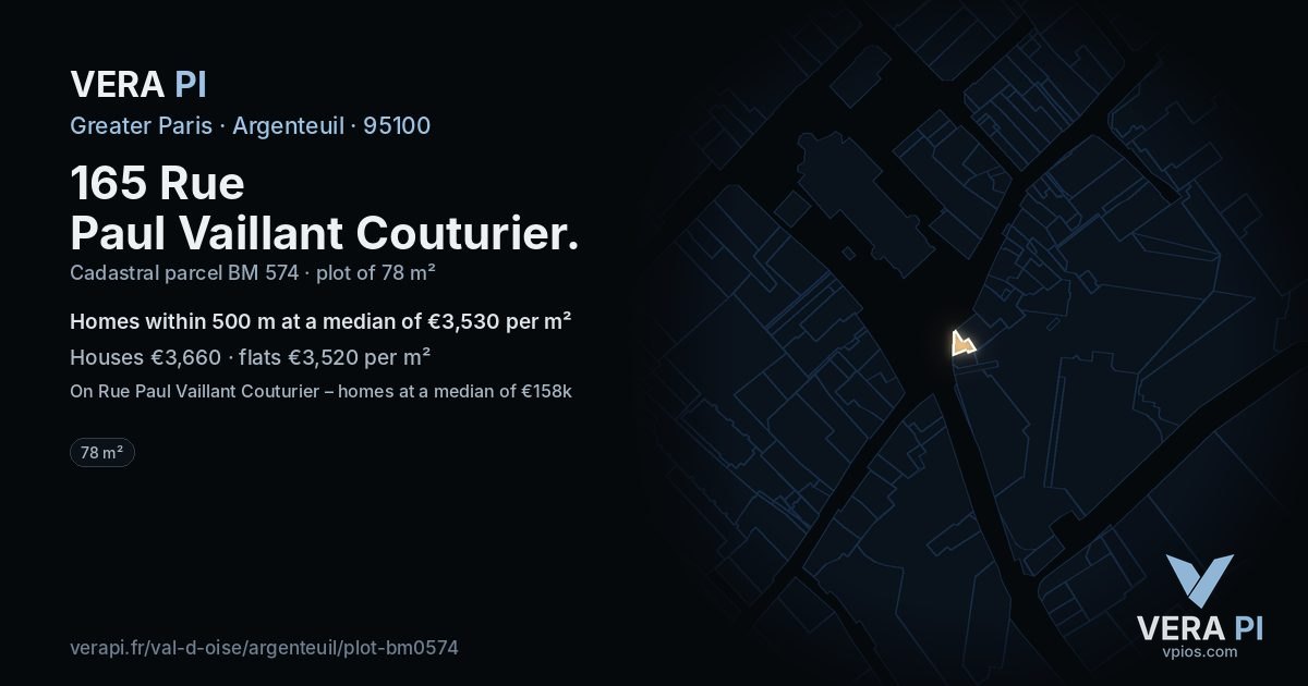 165 Rue Paul Vaillant Couturier, Argenteuil at night – the plot lit, the parcels around coloured by the prices near them