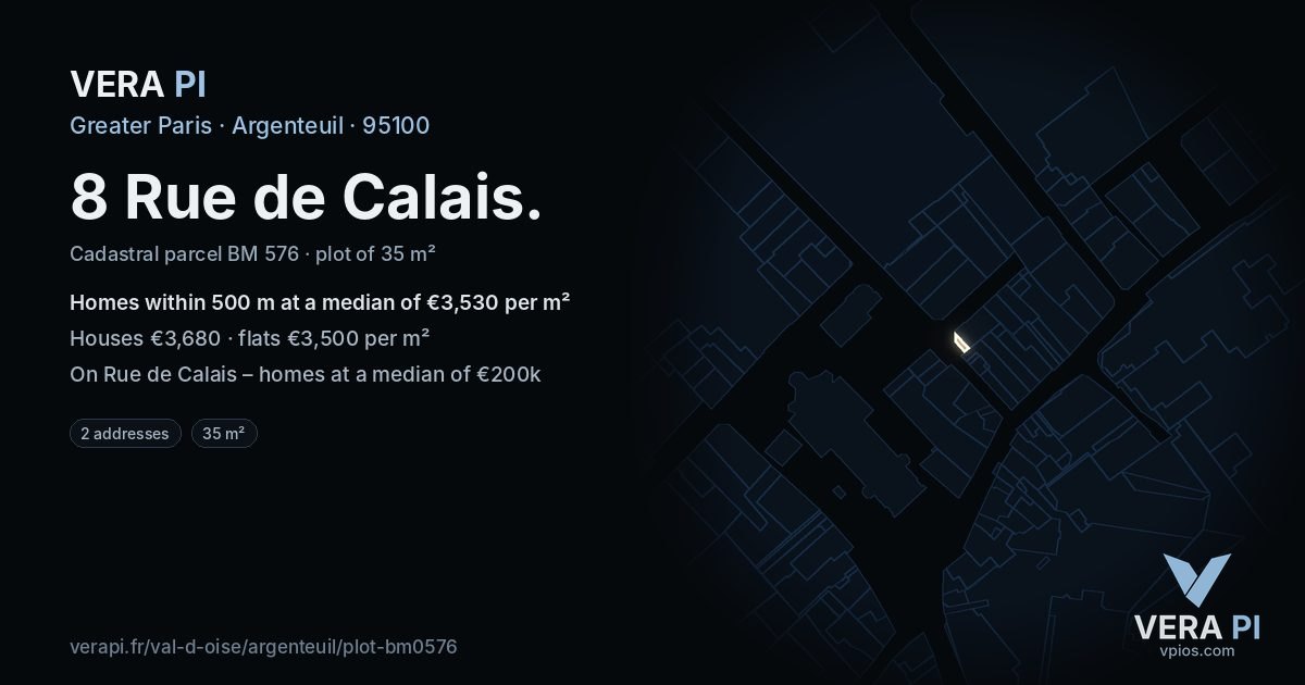 8 Rue de Calais, Argenteuil at night – the plot lit, the parcels around coloured by the prices near them