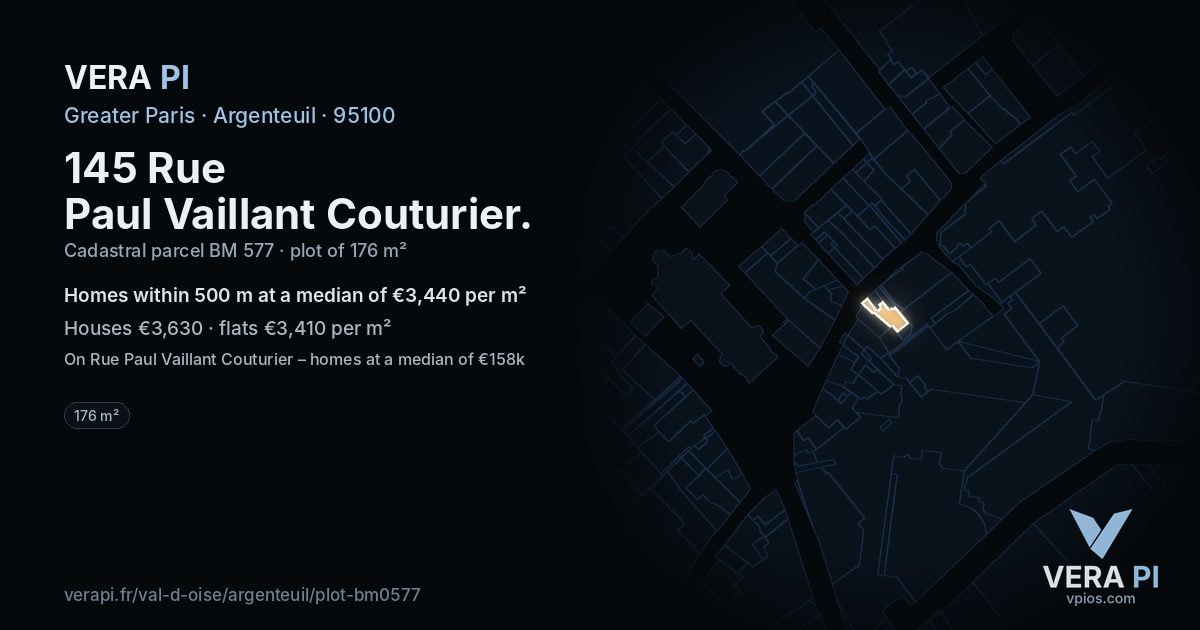 145 Rue Paul Vaillant Couturier, Argenteuil at night – the plot lit, the parcels around coloured by the prices near them