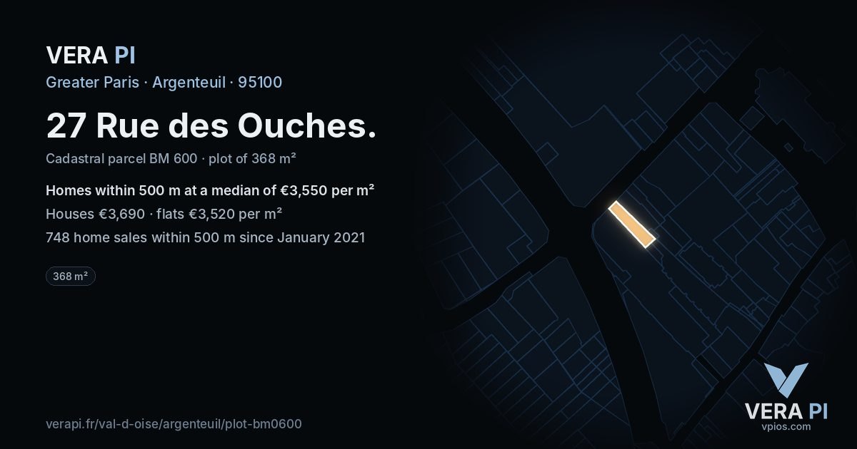 27 Rue des Ouches, Argenteuil at night – the plot lit, the parcels around coloured by the prices near them