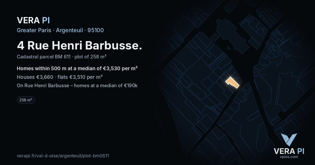 4 Rue Henri Barbusse, Argenteuil at night – the plot lit, the parcels around coloured by the prices near them