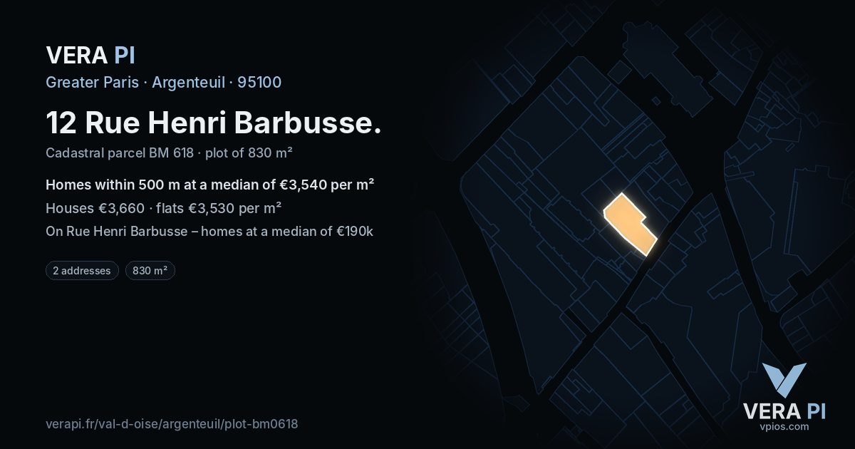 12 Rue Henri Barbusse, Argenteuil at night – the plot lit, the parcels around coloured by the prices near them