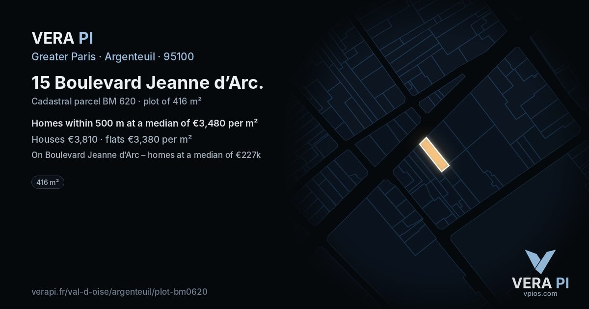 15 Boulevard Jeanne d’Arc, Argenteuil at night – the plot lit, the parcels around coloured by the prices near them