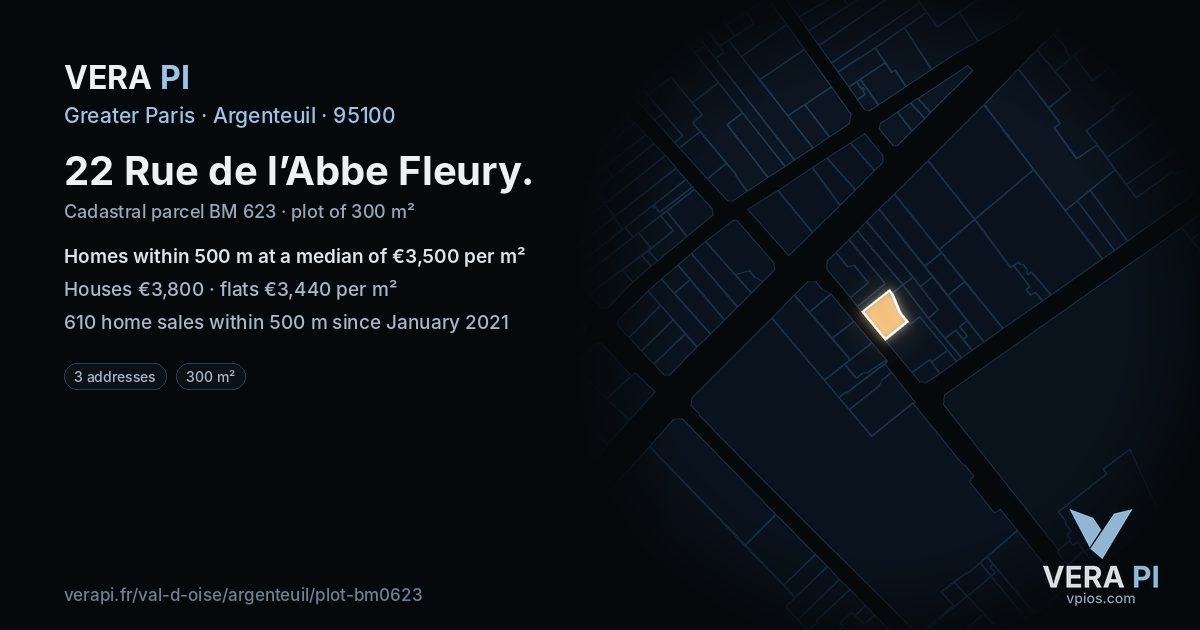 22 Rue de l’Abbe Fleury, Argenteuil at night – the plot lit, the parcels around coloured by the prices near them