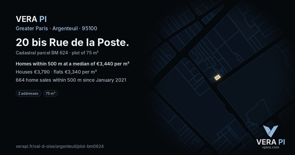 20 bis Rue de la Poste, Argenteuil at night – the plot lit, the parcels around coloured by the prices near them