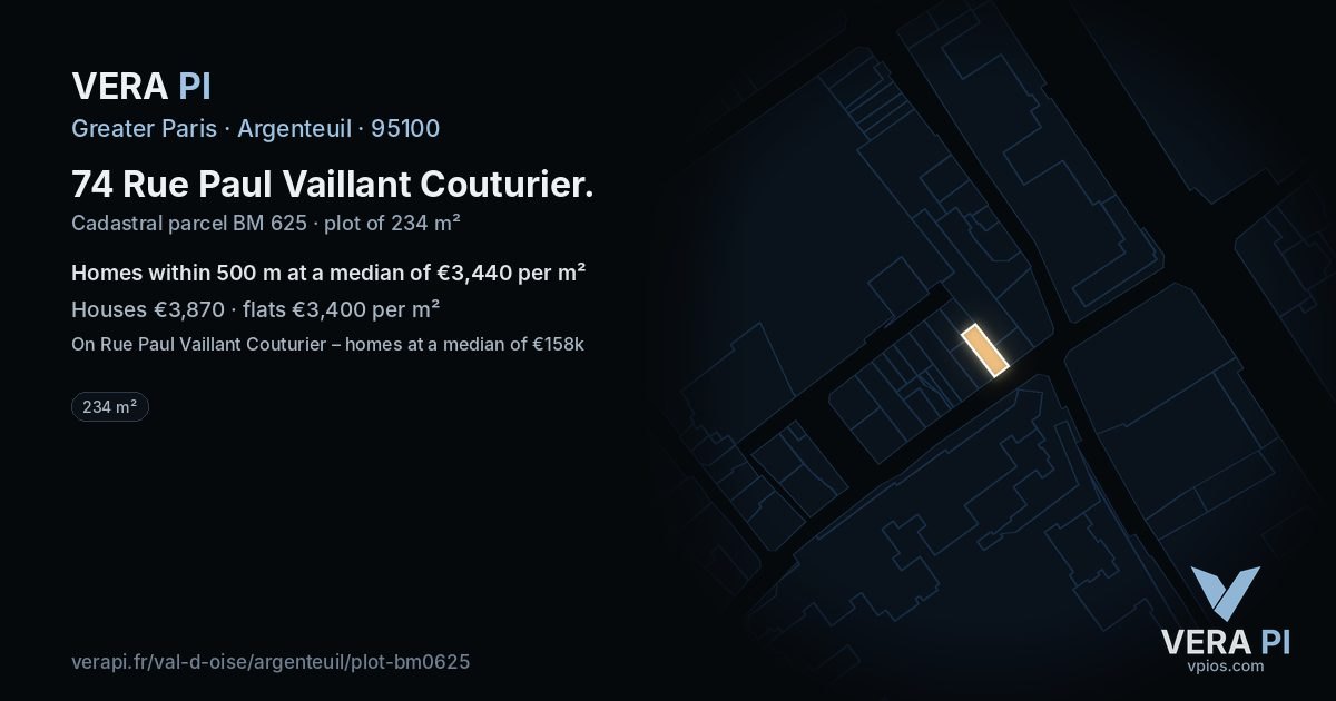 74 Rue Paul Vaillant Couturier, Argenteuil at night – the plot lit, the parcels around coloured by the prices near them