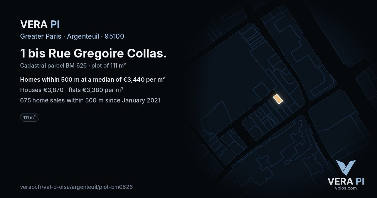 1 bis Rue Gregoire Collas, Argenteuil at night – the plot lit, the parcels around coloured by the prices near them
