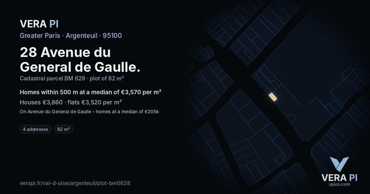 28 Avenue du General de Gaulle, Argenteuil at night – the plot lit, the parcels around coloured by the prices near them