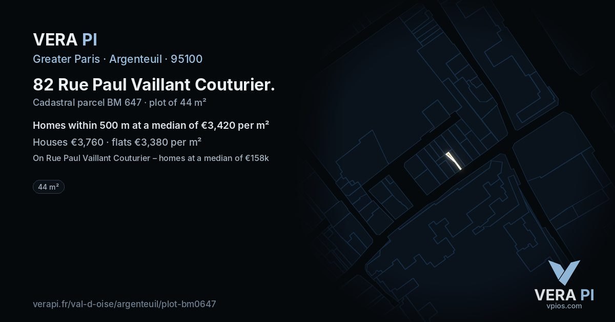 82 Rue Paul Vaillant Couturier, Argenteuil at night – the plot lit, the parcels around coloured by the prices near them