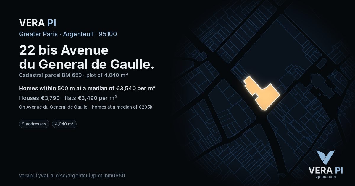 22 bis Avenue du General de Gaulle, Argenteuil at night – the plot lit, the parcels around coloured by the prices near them