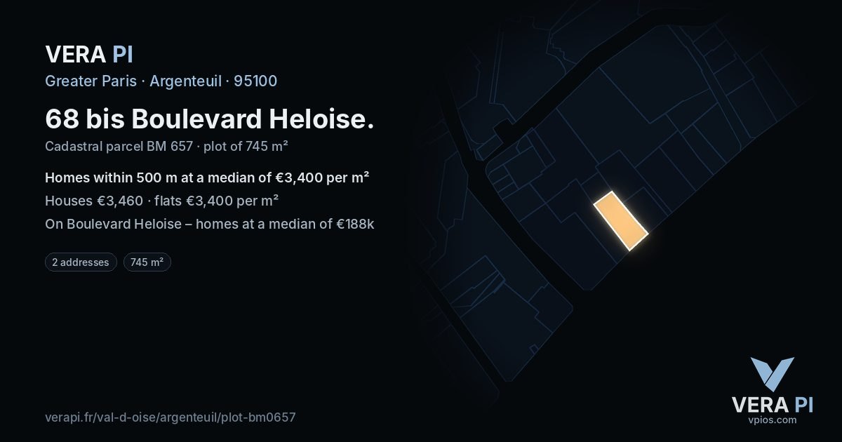 68 bis Boulevard Heloise, Argenteuil at night – the plot lit, the parcels around coloured by the prices near them