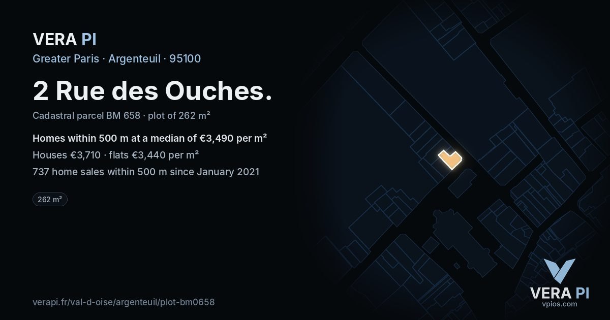 2 Rue des Ouches, Argenteuil at night – the plot lit, the parcels around coloured by the prices near them