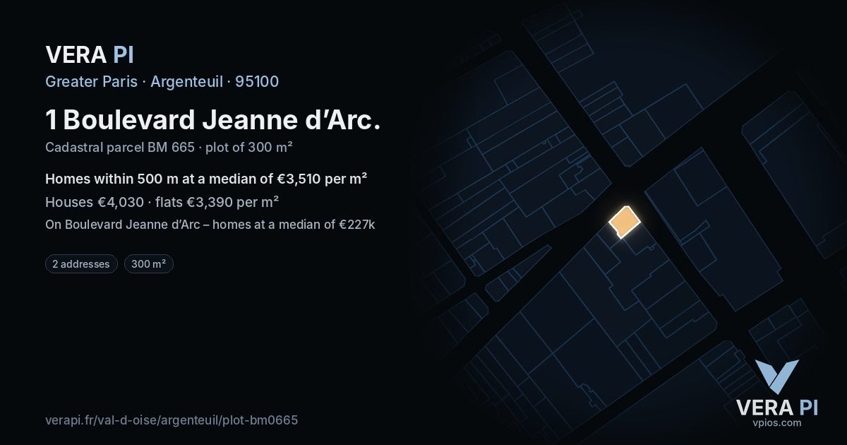 1 Boulevard Jeanne d’Arc, Argenteuil at night – the plot lit, the parcels around coloured by the prices near them