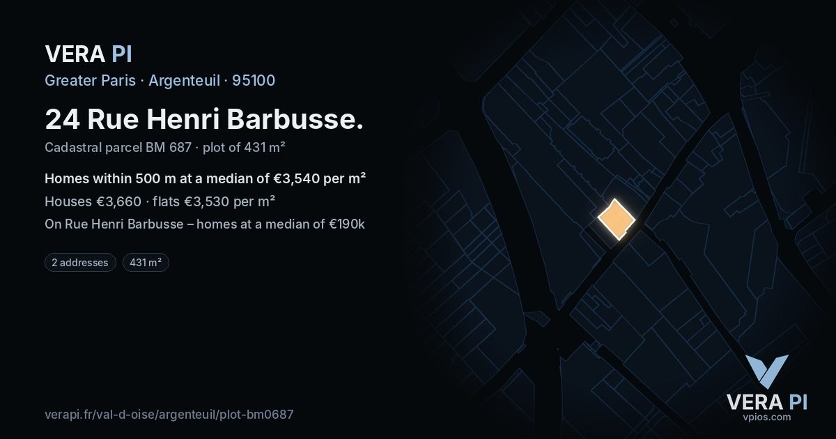 24 Rue Henri Barbusse, Argenteuil at night – the plot lit, the parcels around coloured by the prices near them