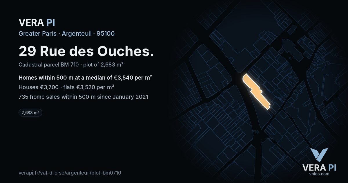 29 Rue des Ouches, Argenteuil at night – the plot lit, the parcels around coloured by the prices near them