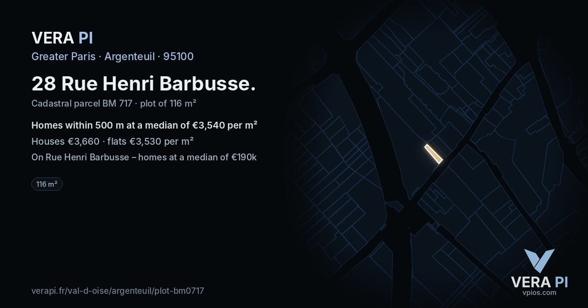 28 Rue Henri Barbusse, Argenteuil at night – the plot lit, the parcels around coloured by the prices near them