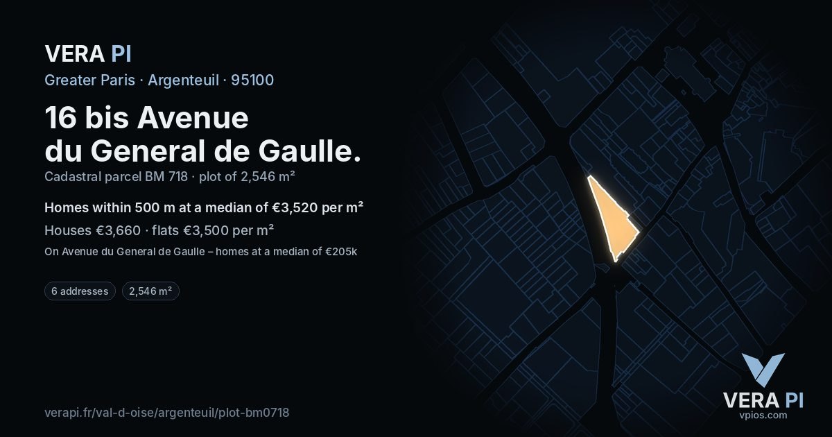 16 bis Avenue du General de Gaulle, Argenteuil at night – the plot lit, the parcels around coloured by the prices near them