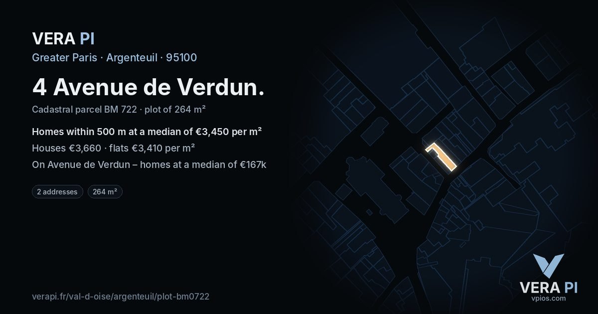 4 Avenue de Verdun, Argenteuil at night – the plot lit, the parcels around coloured by the prices near them