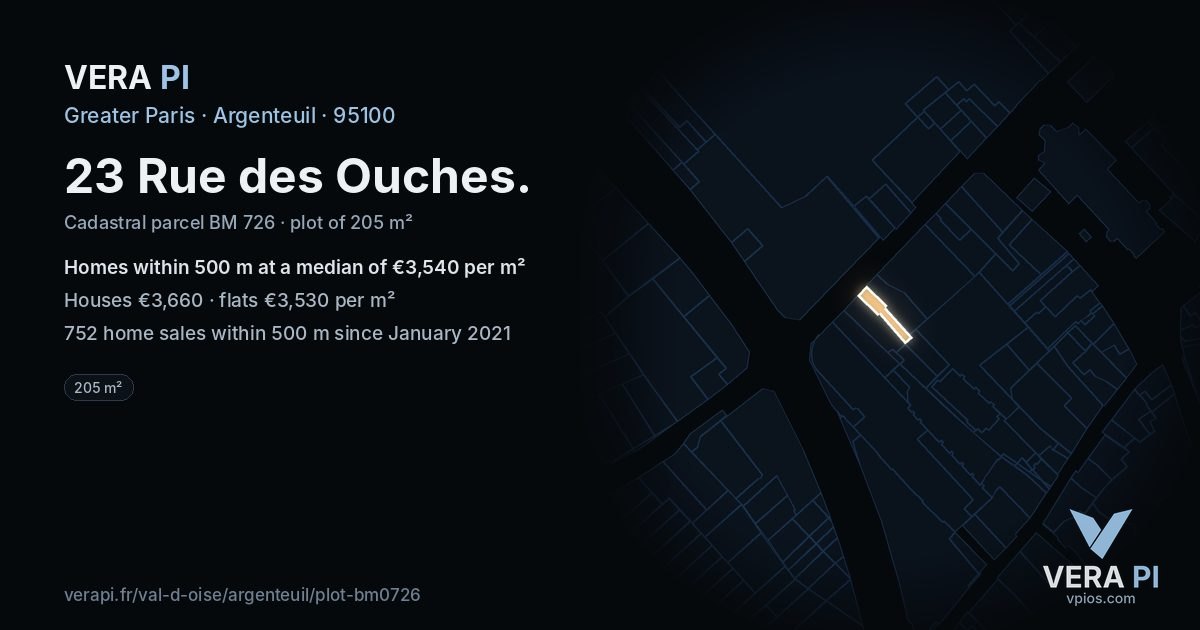23 Rue des Ouches, Argenteuil at night – the plot lit, the parcels around coloured by the prices near them