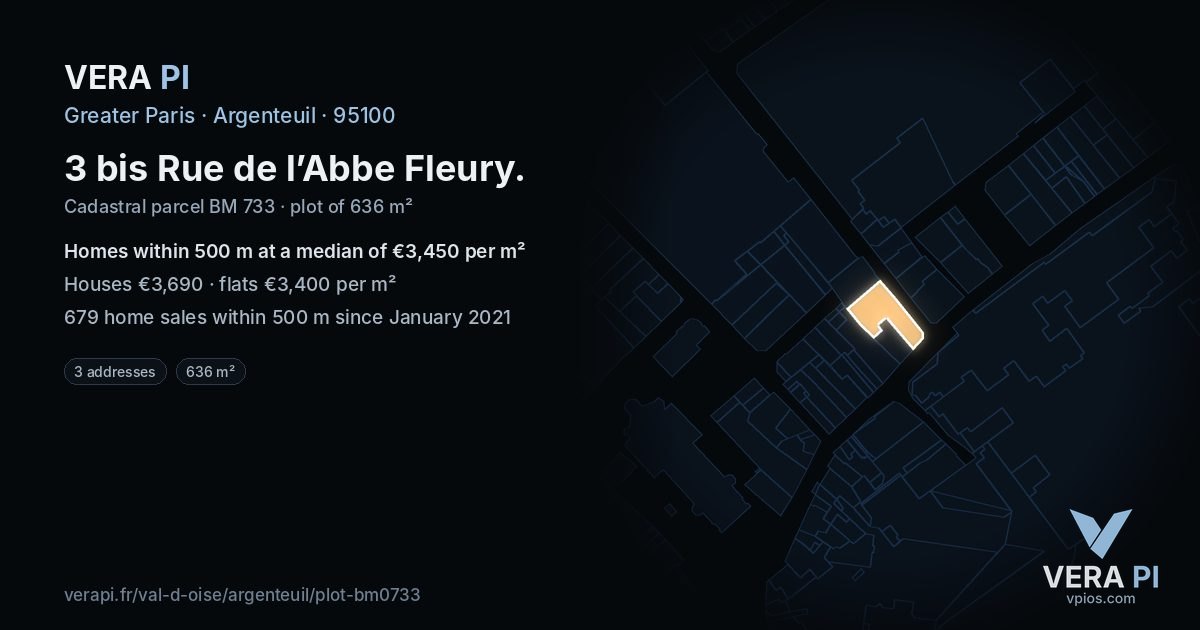 3 bis Rue de l’Abbe Fleury, Argenteuil at night – the plot lit, the parcels around coloured by the prices near them