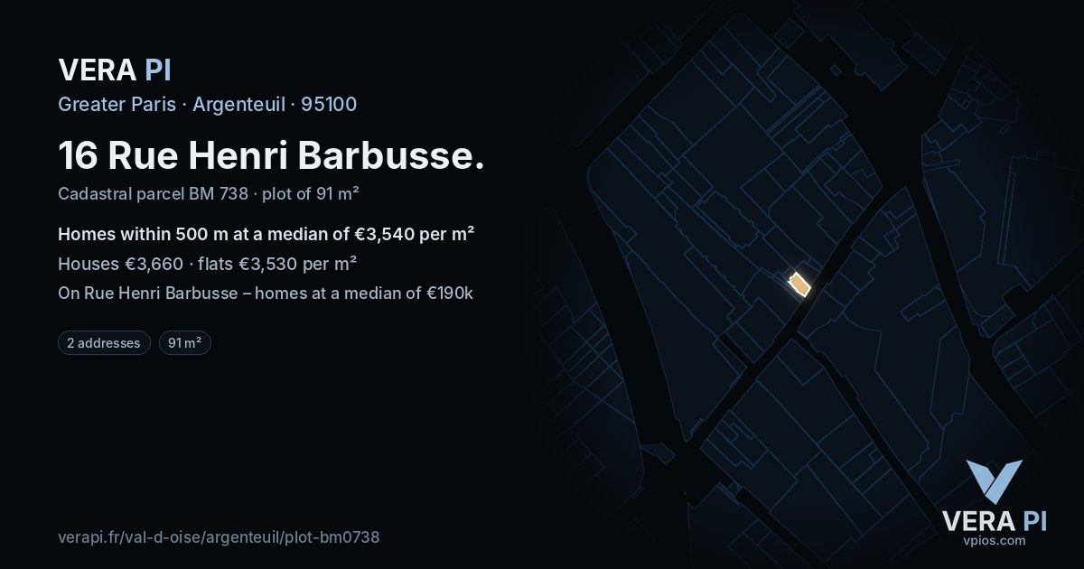 16 Rue Henri Barbusse, Argenteuil at night – the plot lit, the parcels around coloured by the prices near them