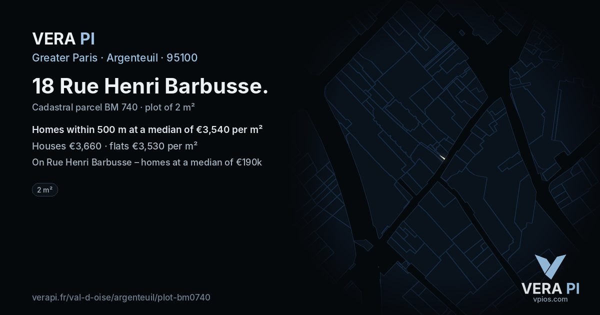 18 Rue Henri Barbusse, Argenteuil at night – the plot lit, the parcels around coloured by the prices near them