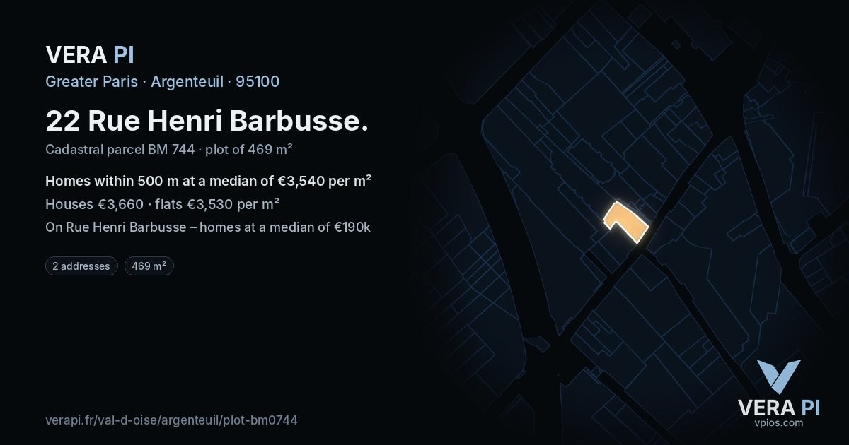 22 Rue Henri Barbusse, Argenteuil at night – the plot lit, the parcels around coloured by the prices near them