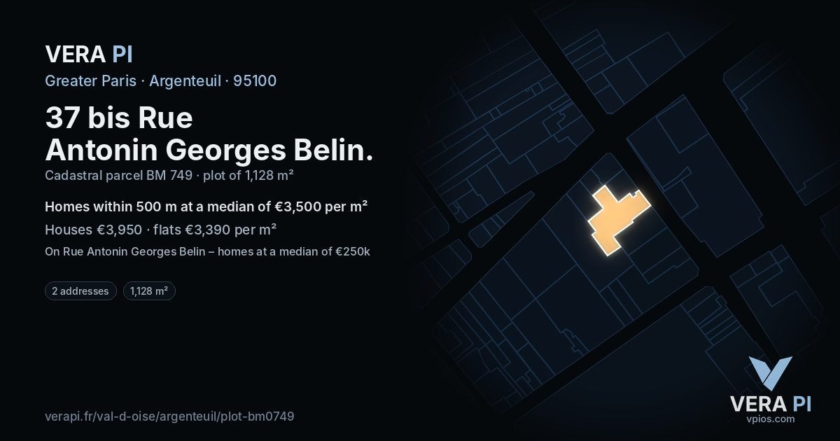 37 bis Rue Antonin Georges Belin, Argenteuil at night – the plot lit, the parcels around coloured by the prices near them