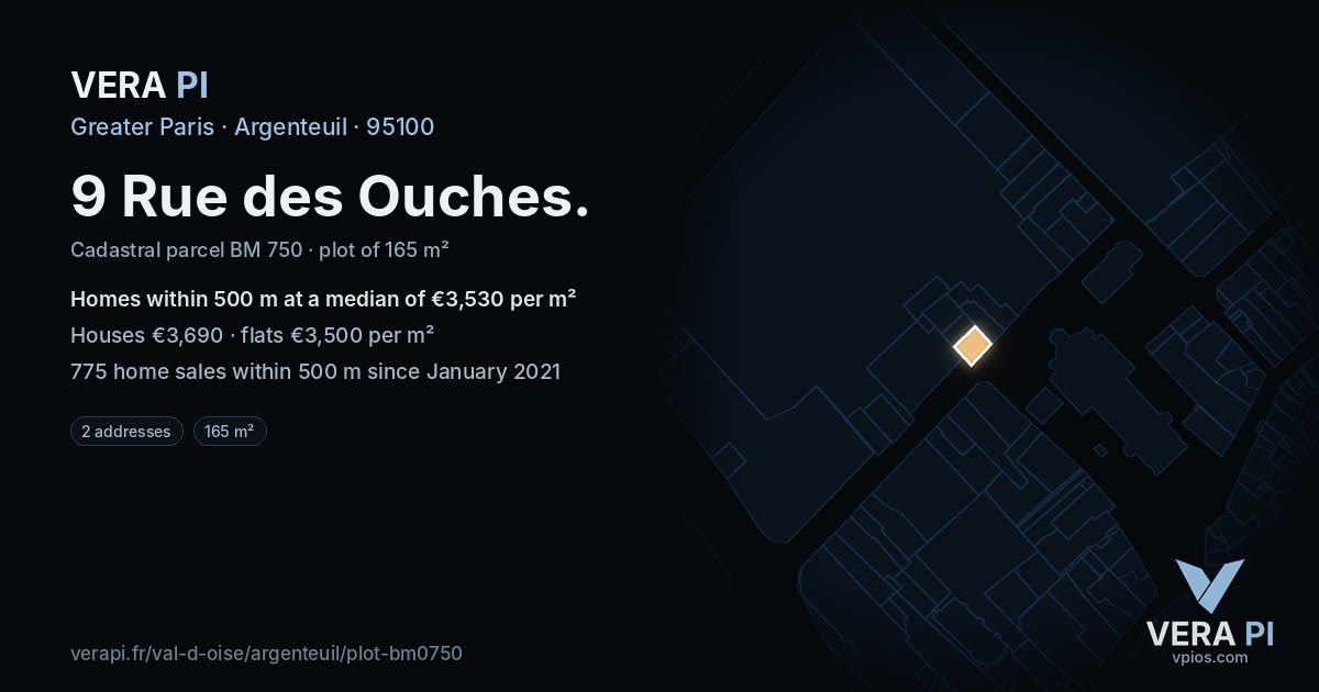 9 Rue des Ouches, Argenteuil at night – the plot lit, the parcels around coloured by the prices near them
