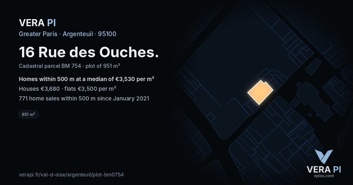 16 Rue des Ouches, Argenteuil at night – the plot lit, the parcels around coloured by the prices near them