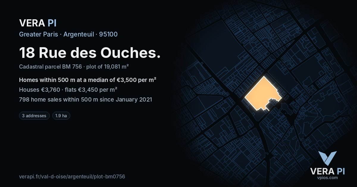 18 Rue des Ouches, Argenteuil at night – the plot lit, the parcels around coloured by the prices near them