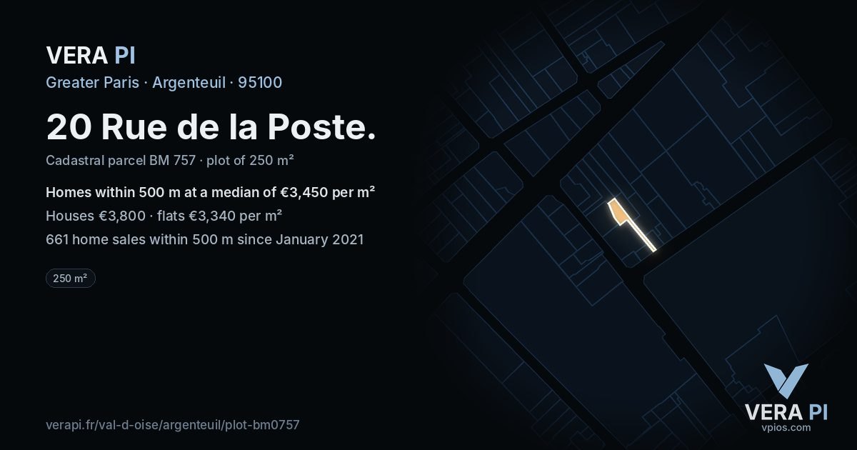 20 Rue de la Poste, Argenteuil at night – the plot lit, the parcels around coloured by the prices near them