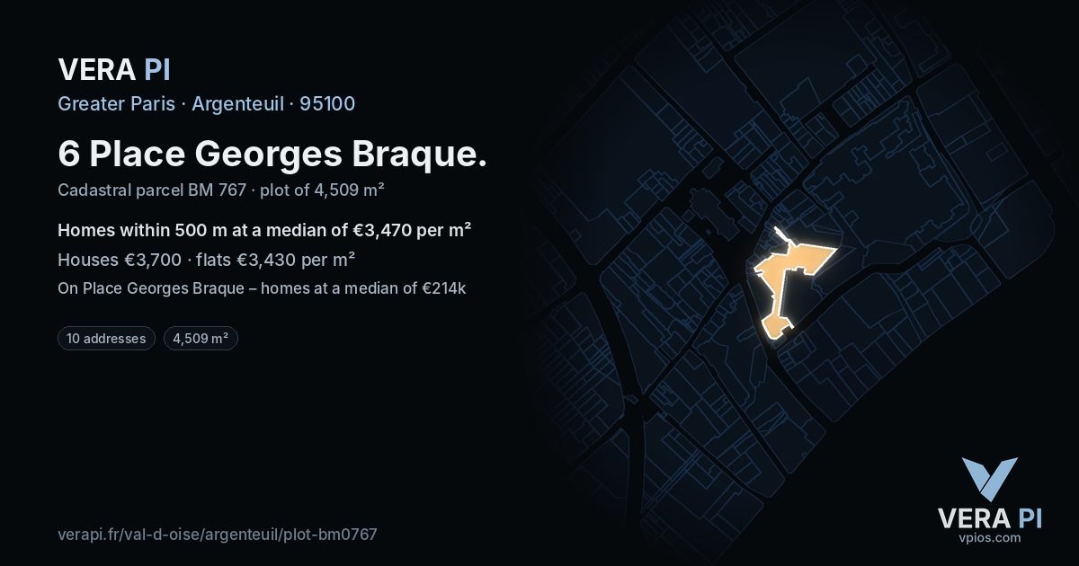 6 Place Georges Braque, Argenteuil at night – the plot lit, the parcels around coloured by the prices near them