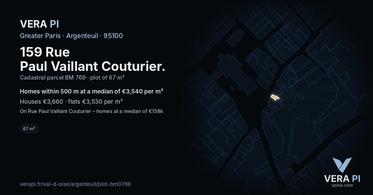 159 Rue Paul Vaillant Couturier, Argenteuil at night – the plot lit, the parcels around coloured by the prices near them