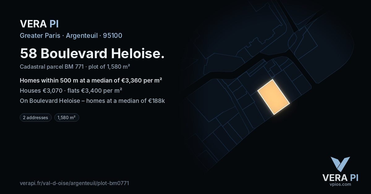 58 Boulevard Heloise, Argenteuil at night – the plot lit, the parcels around coloured by the prices near them