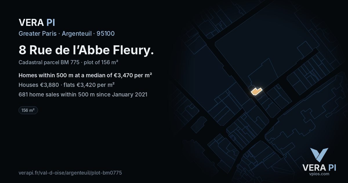 8 Rue de l’Abbe Fleury, Argenteuil at night – the plot lit, the parcels around coloured by the prices near them