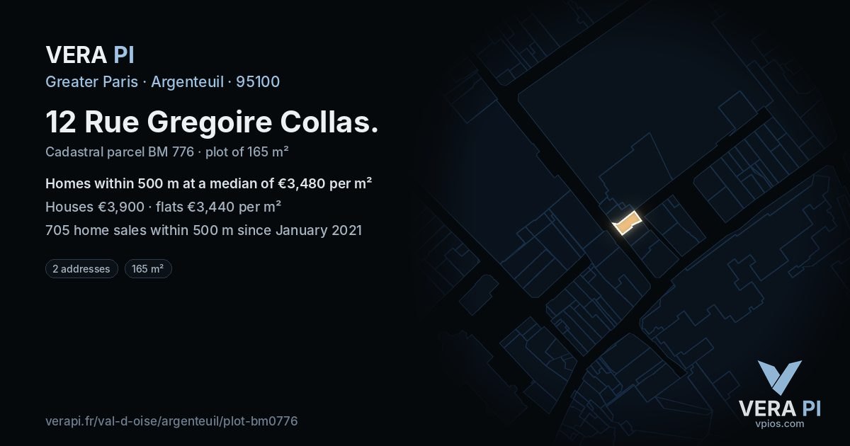 12 Rue Gregoire Collas, Argenteuil at night – the plot lit, the parcels around coloured by the prices near them