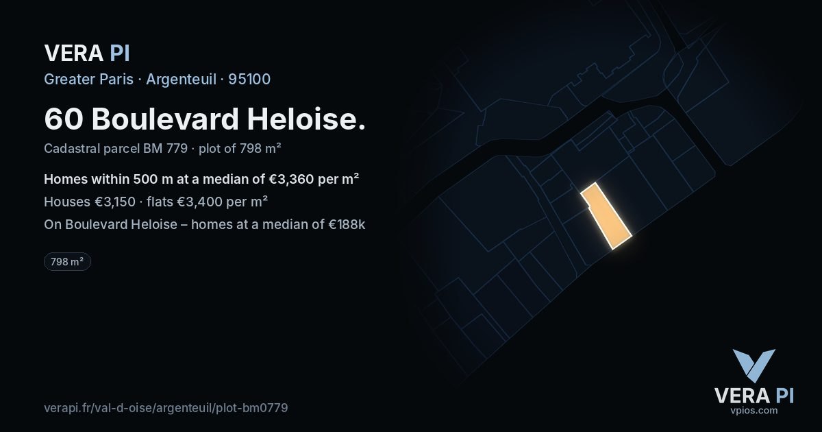 60 Boulevard Heloise, Argenteuil at night – the plot lit, the parcels around coloured by the prices near them