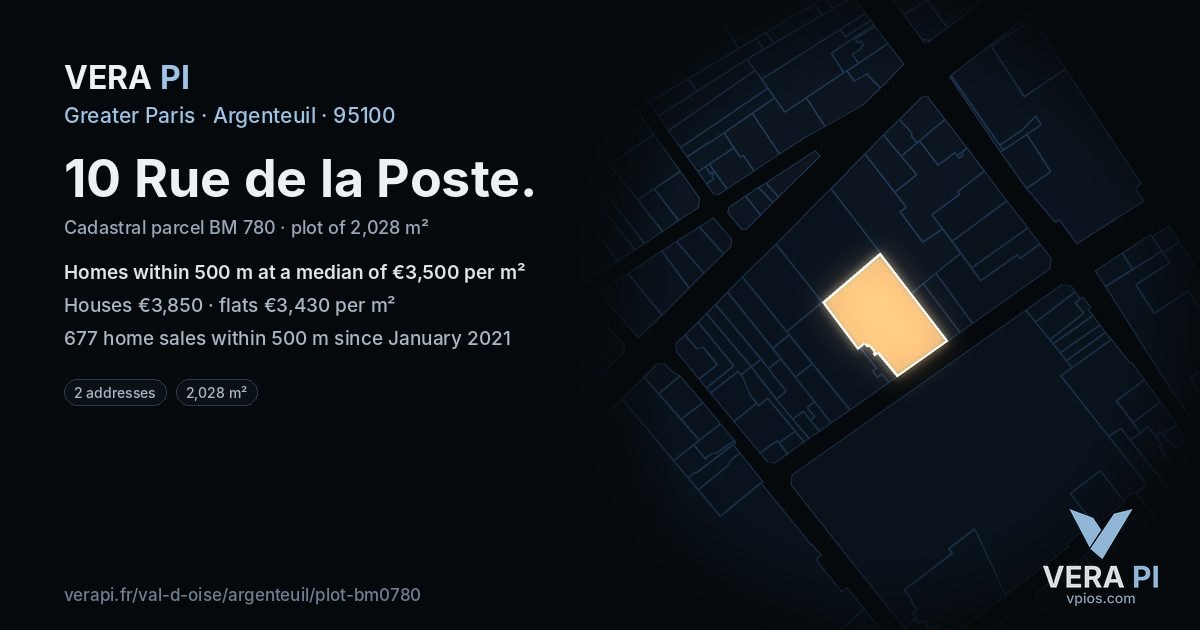 10 Rue de la Poste, Argenteuil at night – the plot lit, the parcels around coloured by the prices near them