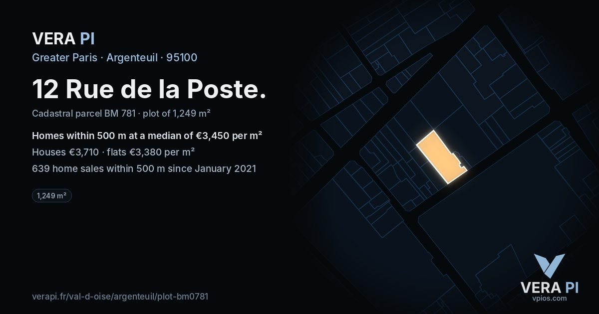 12 Rue de la Poste, Argenteuil at night – the plot lit, the parcels around coloured by the prices near them