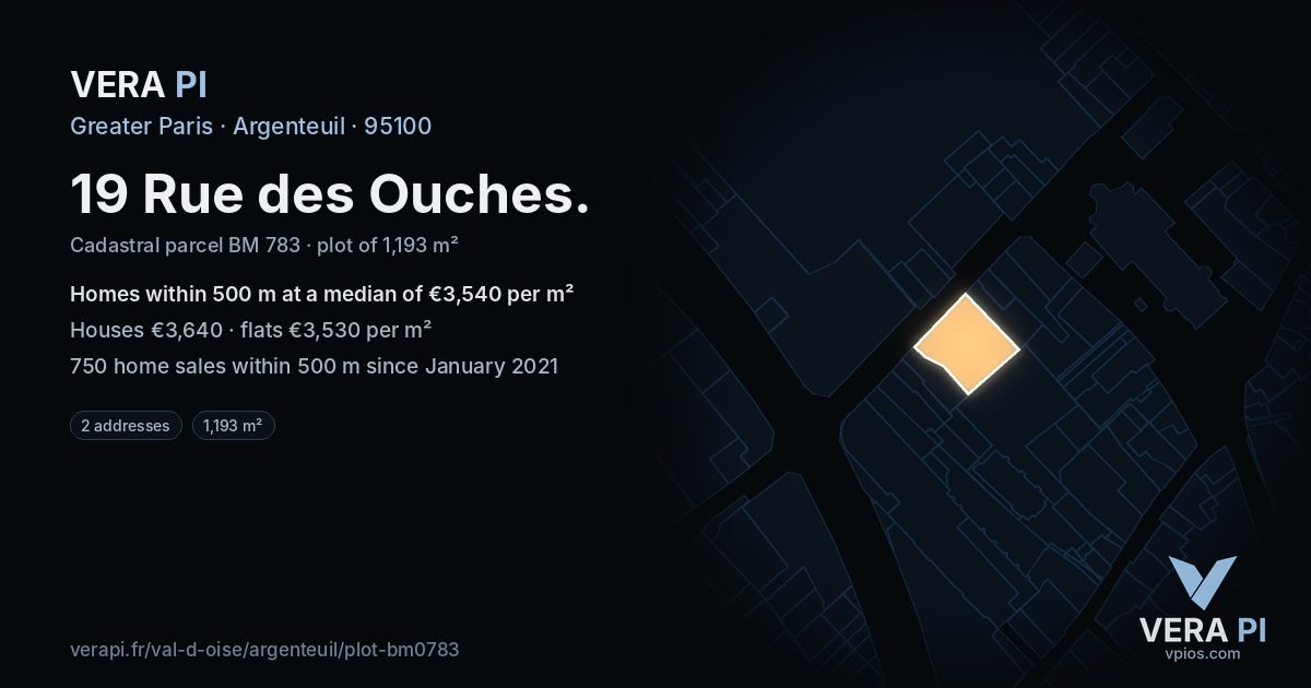 19 Rue des Ouches, Argenteuil at night – the plot lit, the parcels around coloured by the prices near them