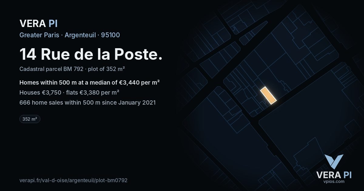 14 Rue de la Poste, Argenteuil at night – the plot lit, the parcels around coloured by the prices near them