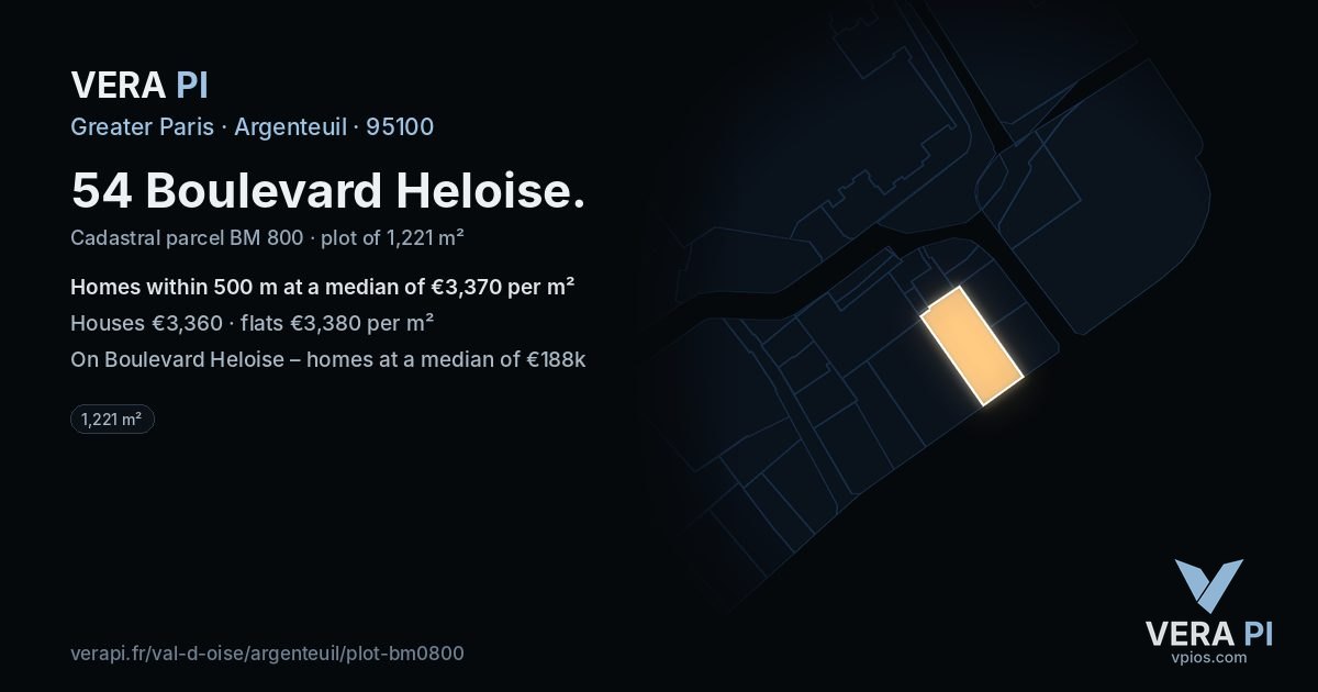 54 Boulevard Heloise, Argenteuil at night – the plot lit, the parcels around coloured by the prices near them