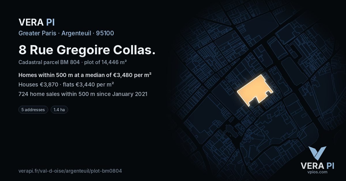8 Rue Gregoire Collas, Argenteuil at night – the plot lit, the parcels around coloured by the prices near them