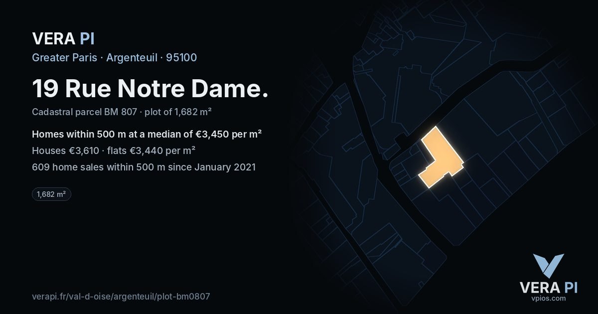 19 Rue Notre Dame, Argenteuil at night – the plot lit, the parcels around coloured by the prices near them