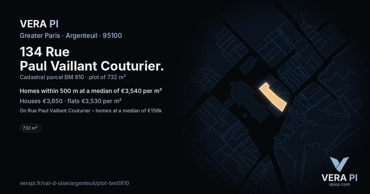 134 Rue Paul Vaillant Couturier, Argenteuil at night – the plot lit, the parcels around coloured by the prices near them