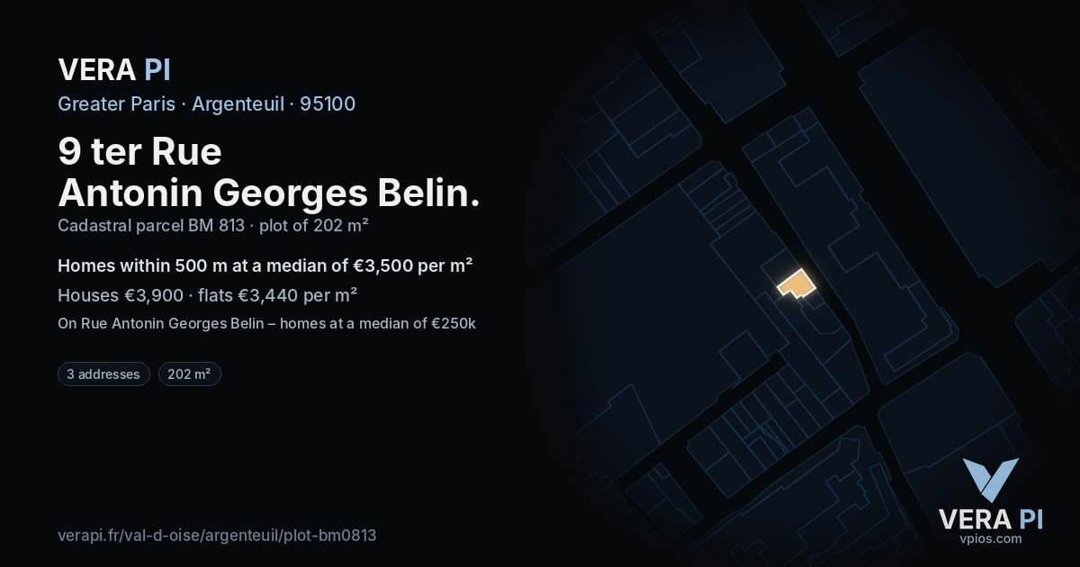 9 ter Rue Antonin Georges Belin, Argenteuil at night – the plot lit, the parcels around coloured by the prices near them